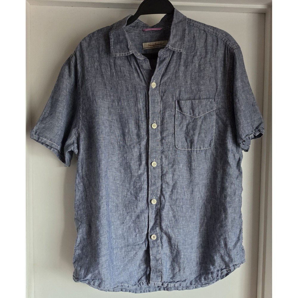 Tommy Bahama Men's M Blue Linen Short Sleeve Collared Shirt Button-Up Top
